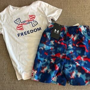 NWT 2pc Under Armour Red, Blue And White Swim Shirt & Shorts Boys 5